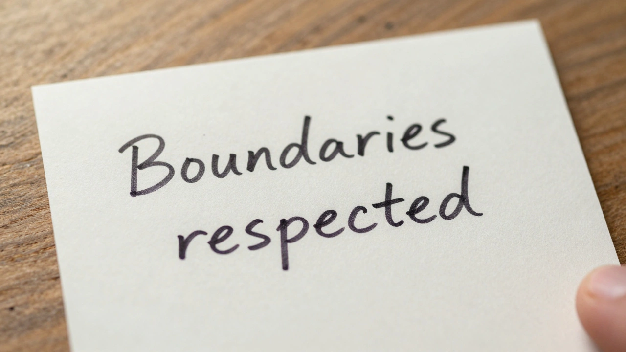 A handwritten note saying 'Boundaries respected' on a wooden surface, with soft focus and natural lighting.