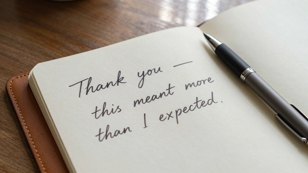 A handwritten note saying 'Thank you — this meant more than I expected' on a notepad.