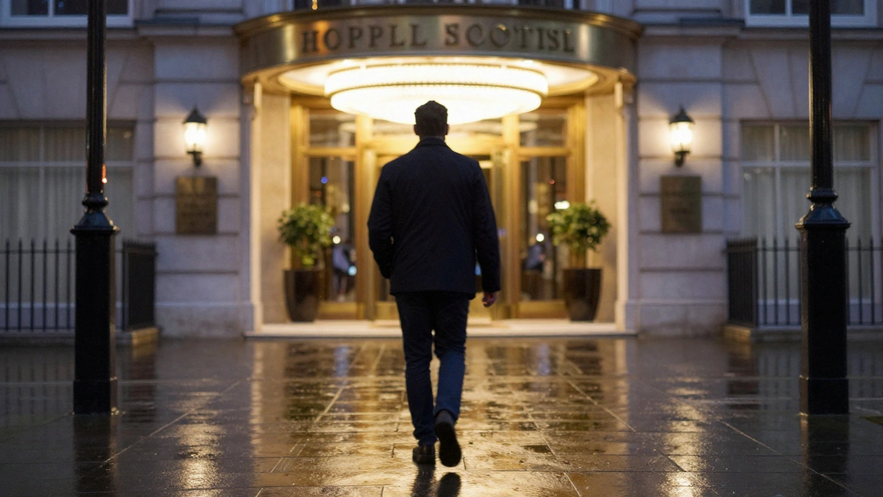 A lone figure walking away from a hotel entrance in London at dusk, under soft streetlights and light rain.