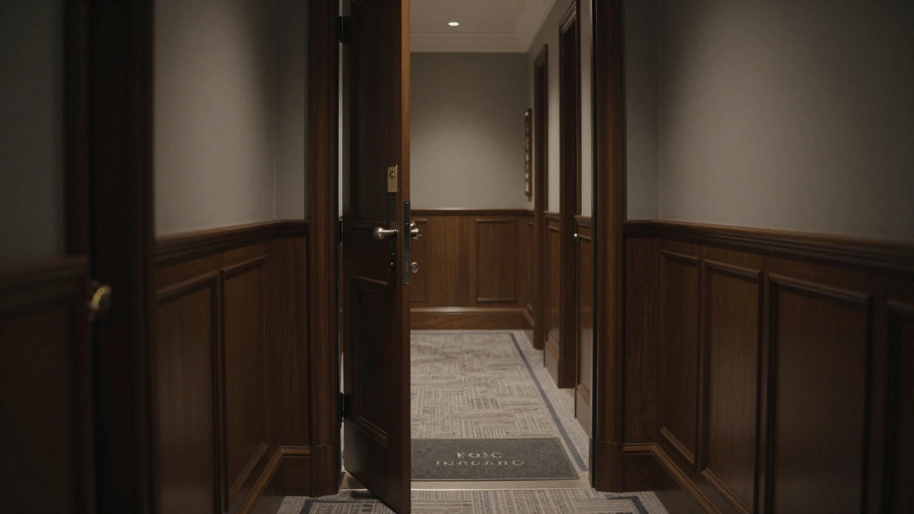 A luxury hotel room door in St. John’s Wood with a welcome mat.