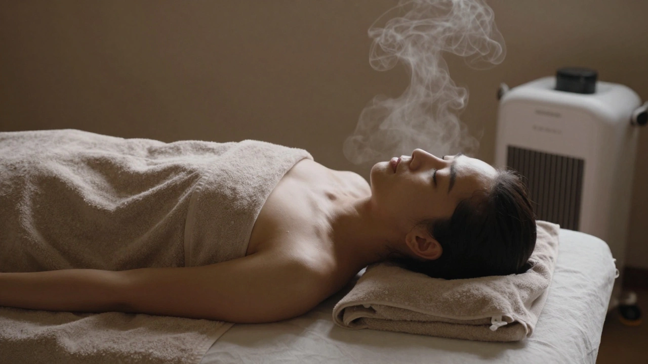 A person lying peacefully face down on a massage table, fully covered by a towel, eyes closed in deep relaxation.