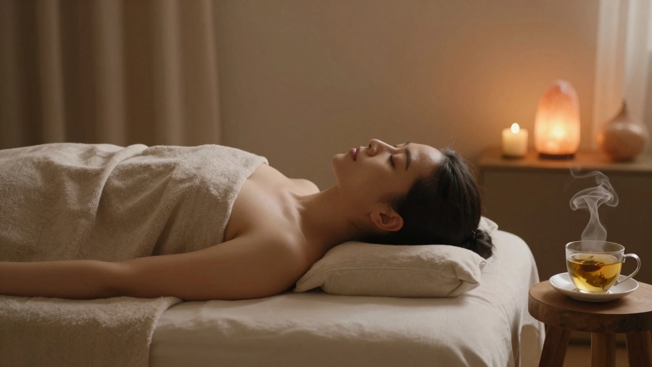 A person resting peacefully on a massage table, surrounded by salt lamps and a steaming cup of tea after a session.