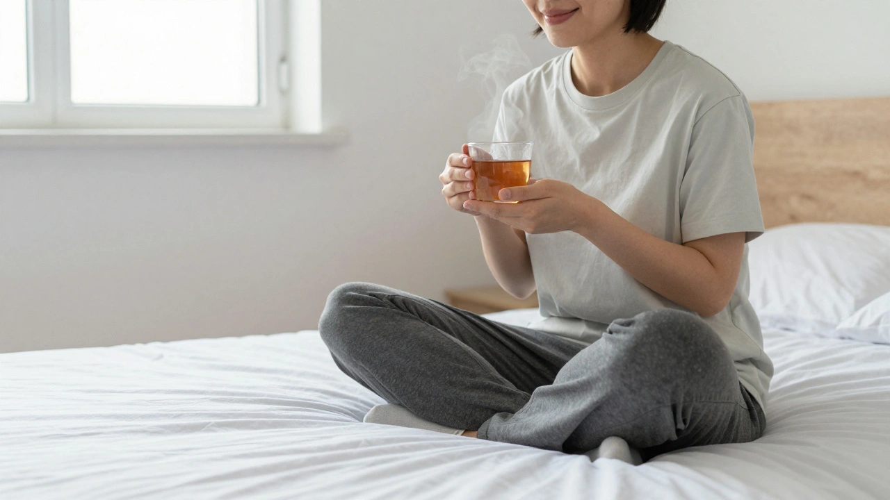A person smiling calmly after a session, dressed neatly, holding a cup of tea in a peaceful private space.