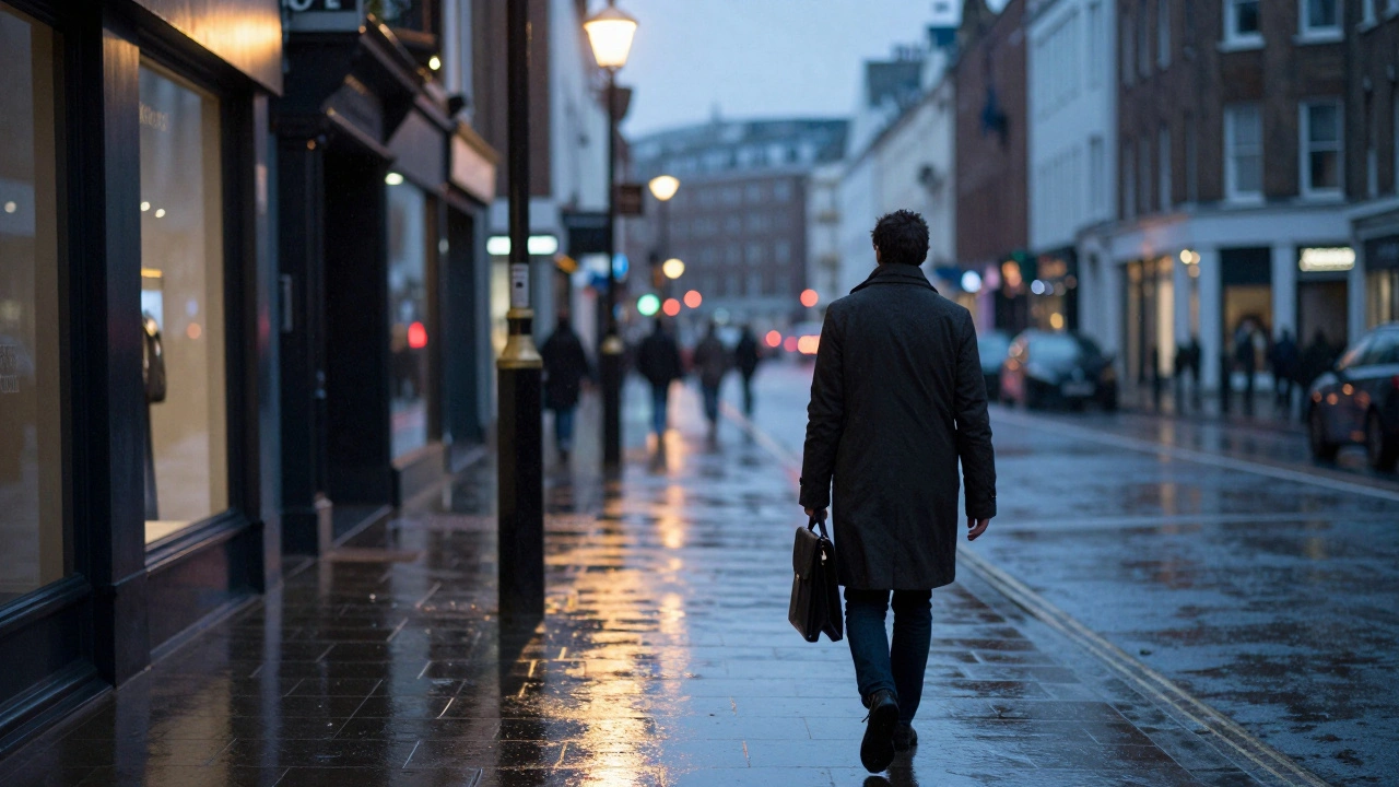 A person walking alone through a dimly lit London street at dusk, symbolizing discretion and independence.