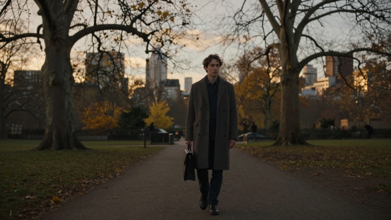 A person walking alone through Hyde Park at dusk, radiating calm and reflection.