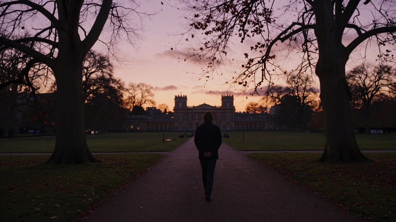 A person walking peacefully in Alexandra Palace park at dusk.