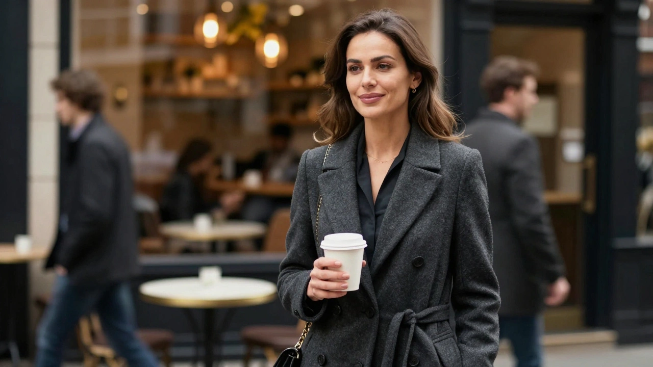 A professional woman standing outside a London café, dressed elegantly, exuding quiet dignity.