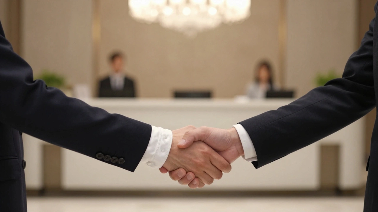 A respectful handshake between two individuals in a luxury hotel lobby, conveying professionalism and dignity.