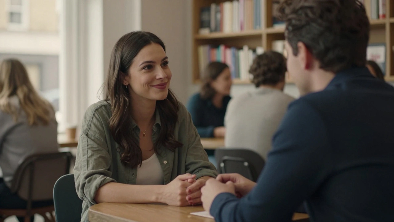 A woman and man sharing a thoughtful moment in a London café, no physical contact.
