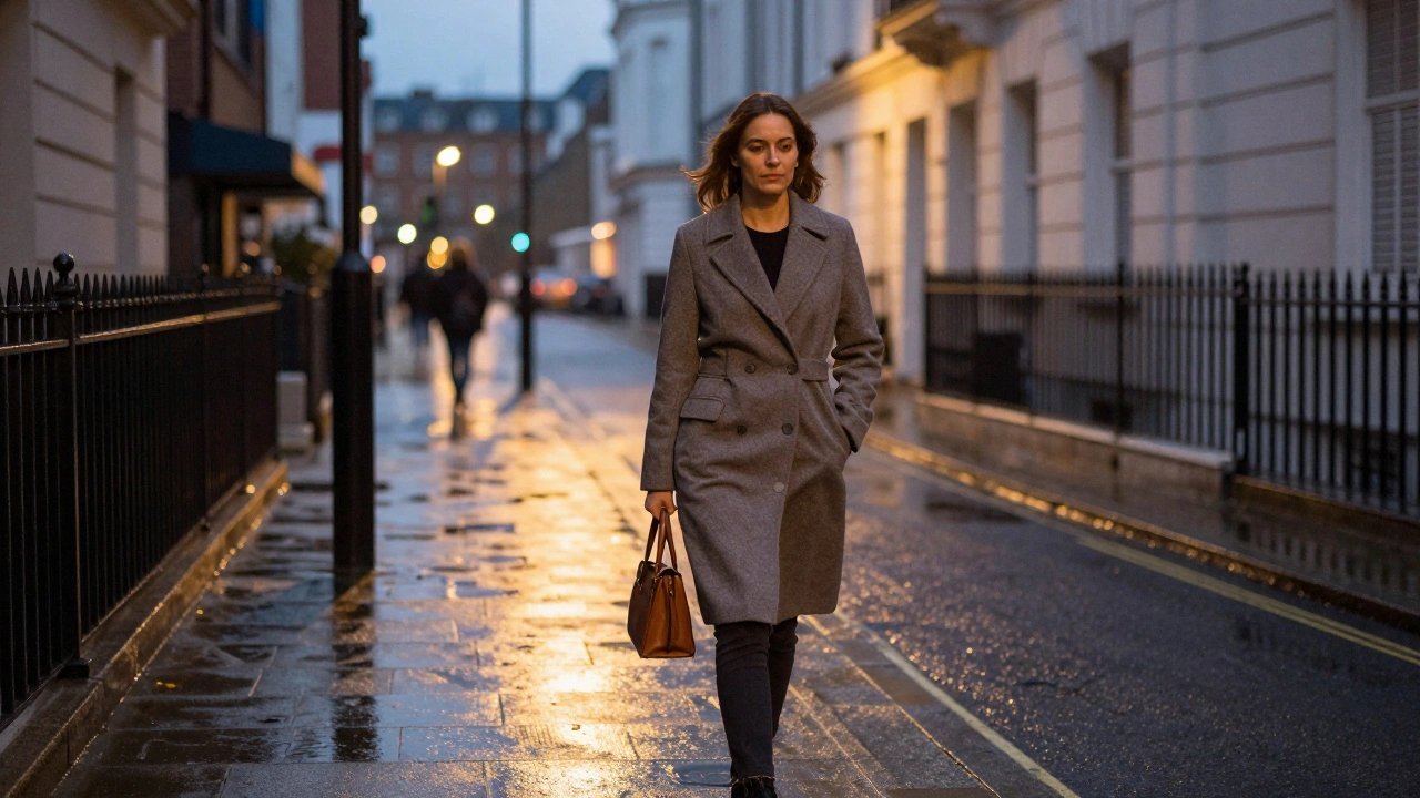 A woman walking alone at dusk in South London, calm and composed under streetlights.