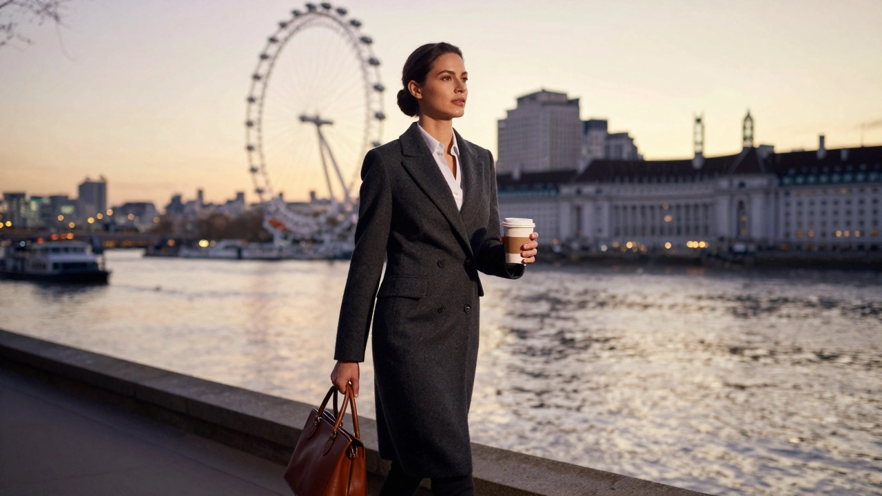 A woman walking along the Thames at dusk, city lights reflecting on the water.