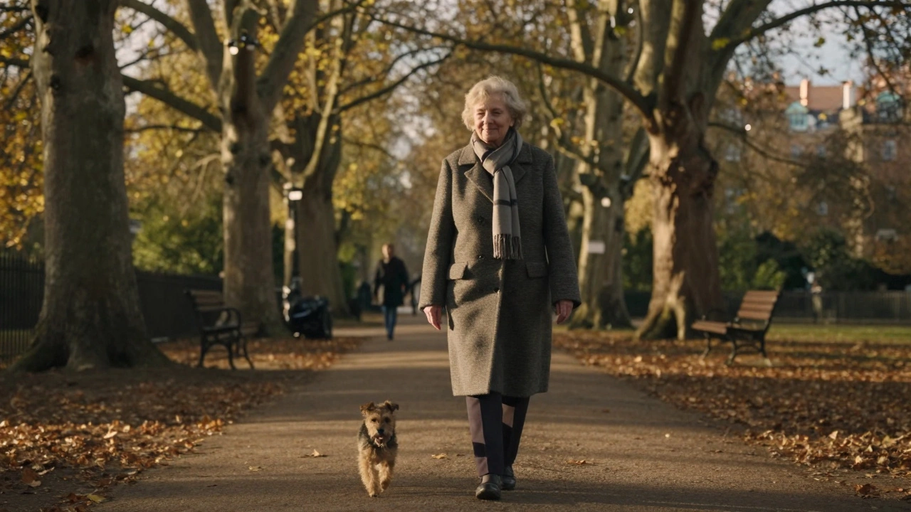 An elderly woman walks her dog in a London park during golden hour, smiling softly under autumn trees.