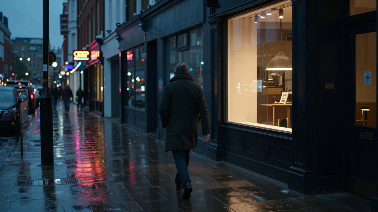 An empty London street at dusk, rain reflecting neon signs, a lone figure walking away.