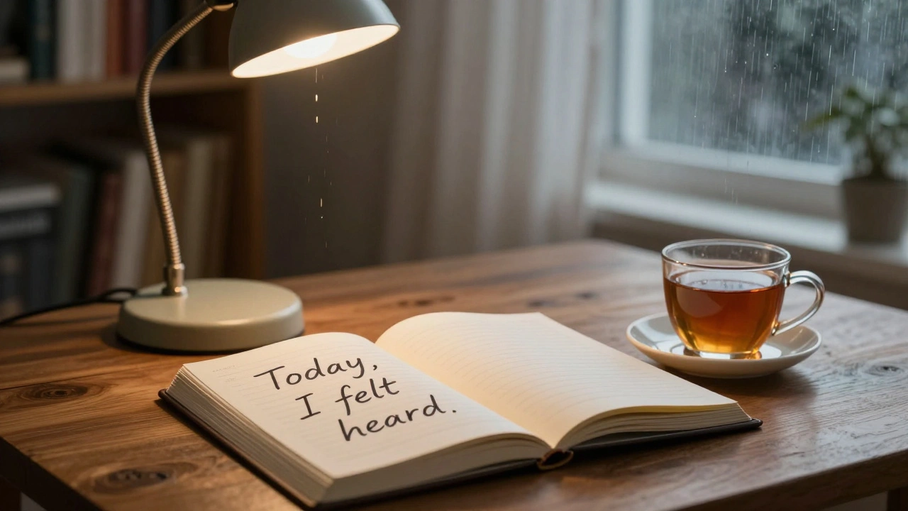 An open journal on a table beside a cup of tea, showing the words 'Today, I felt heard'.