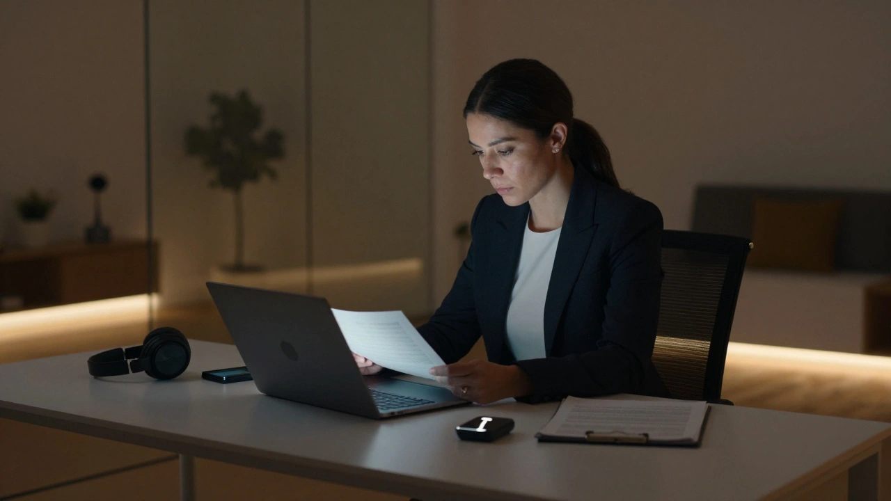 Anonymous professional working on laptop in dimly lit office.