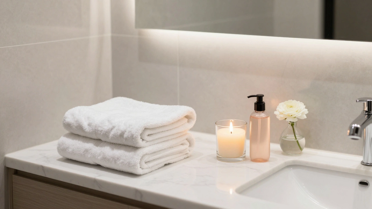 Clean modern bathroom with fresh towels, candle, and single flower.