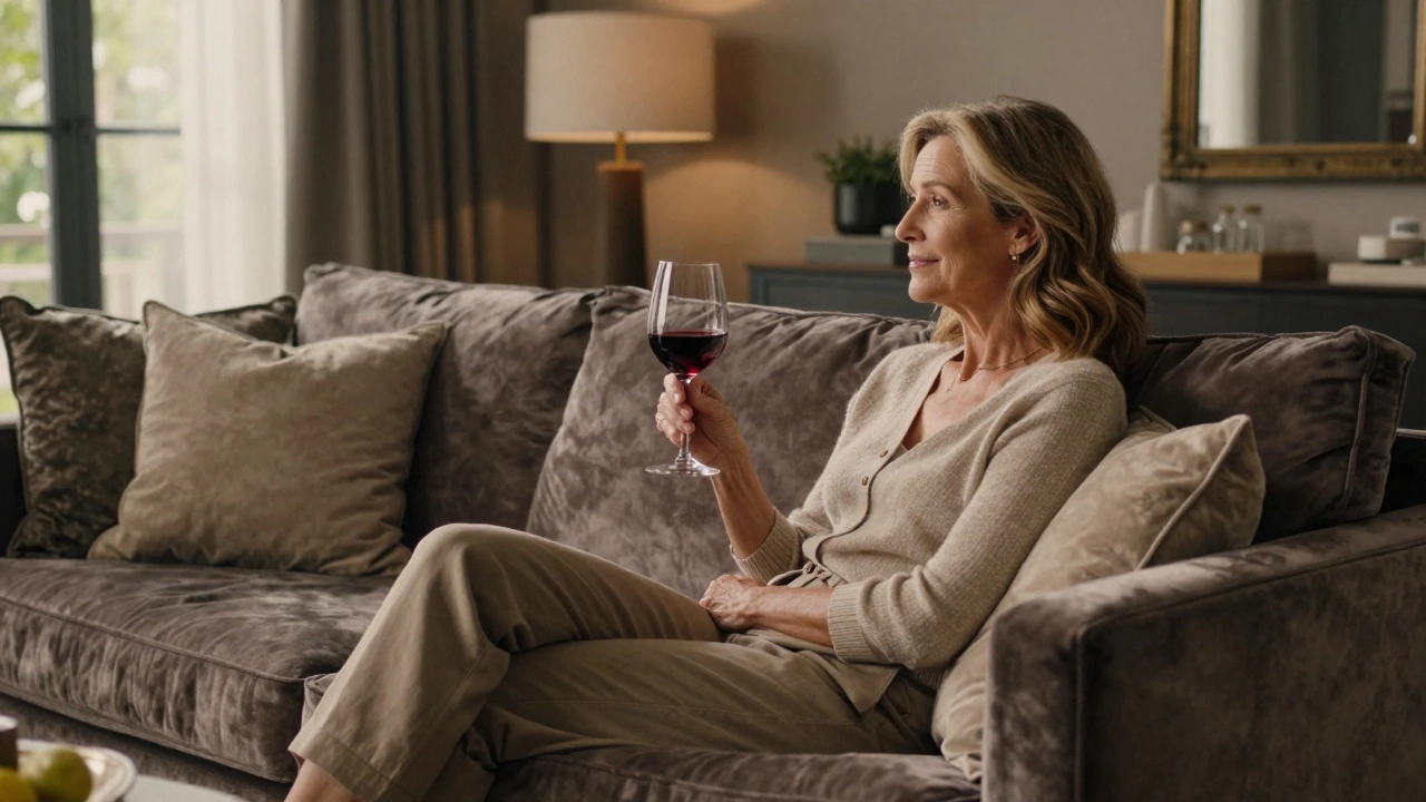 Confident mature woman relaxing on a sofa with a drink in a cozy room.