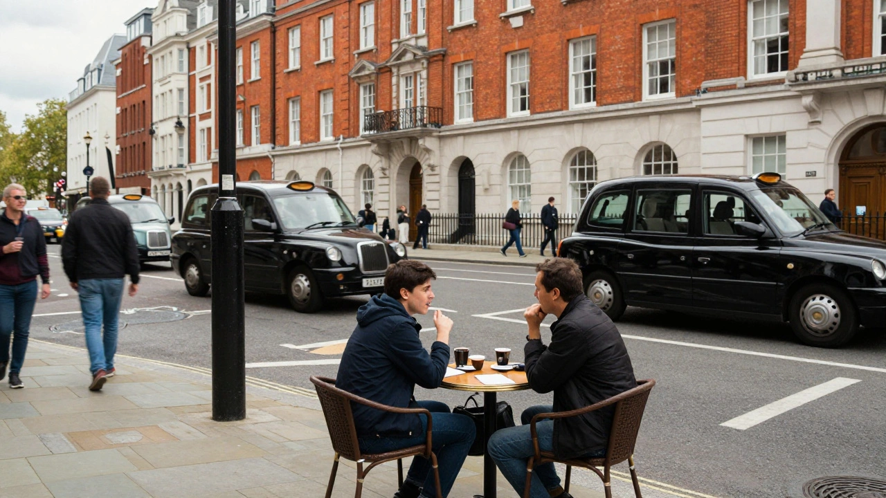 Couple conversing at an outdoor cafe in central London.