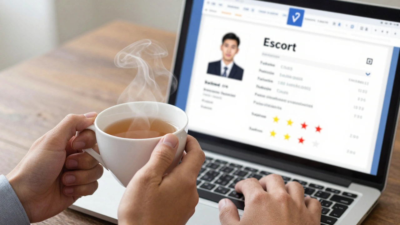 Hands holding a cup of tea near a laptop showing a verified escort profile with clear reviews and photos.