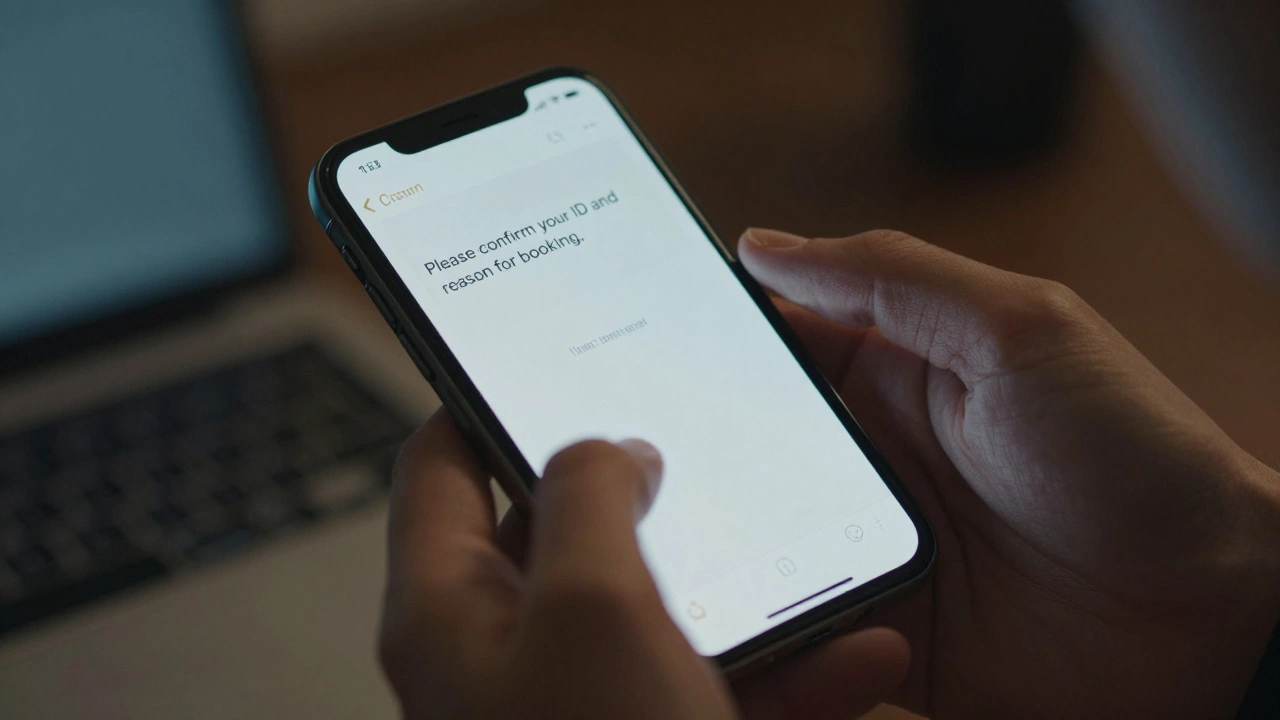 Hands holding a phone displaying a secure messaging screen with client screening questions.