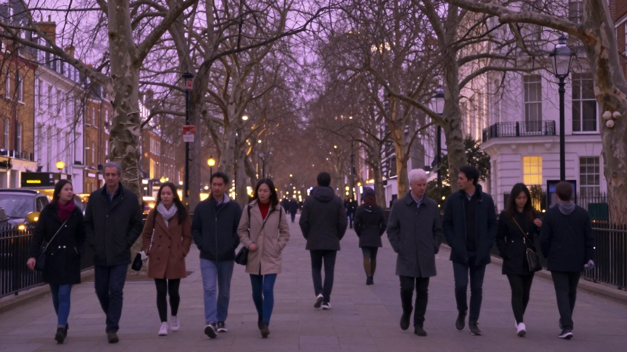 People walking calmly through Central London at dusk, symbolizing urban companionship.