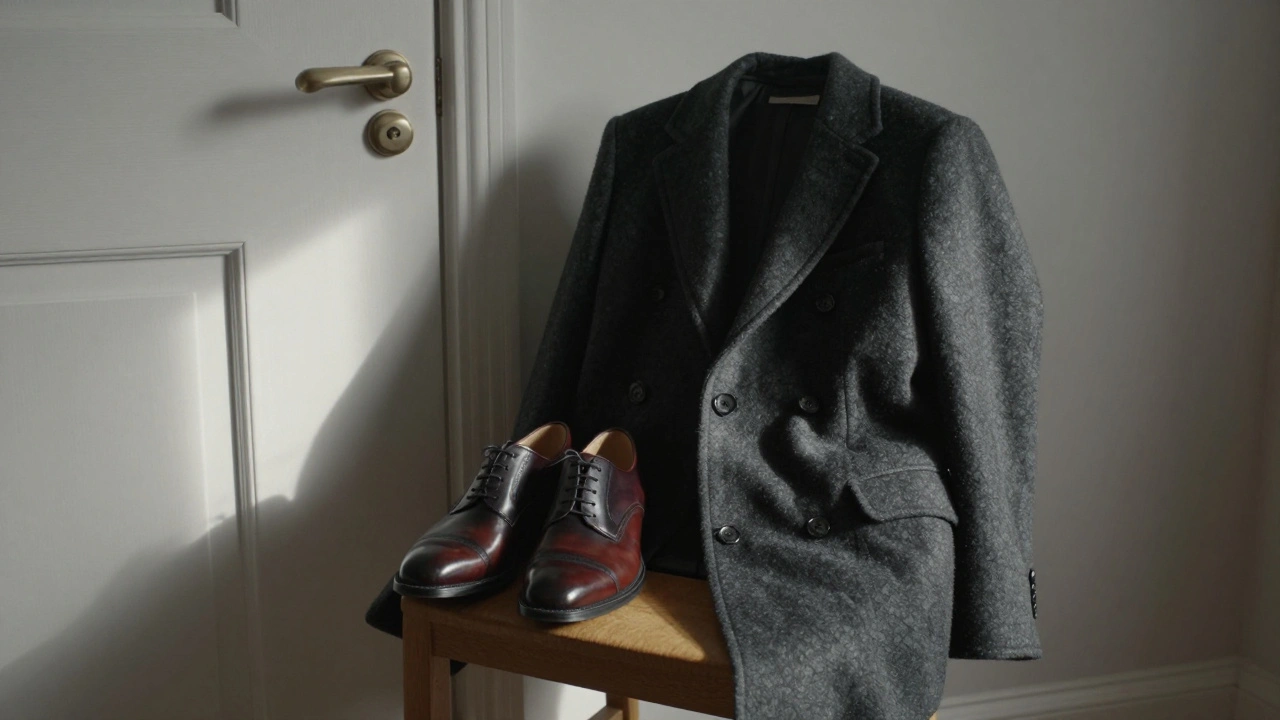 Polished shoes and a folded coat on a chair, symbolizing discretion and thoughtful preparation.