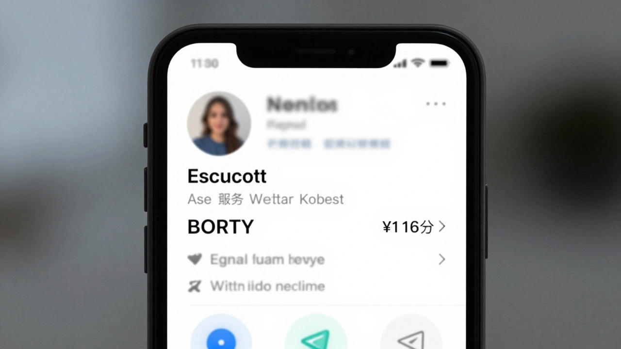 Smartphone screen displaying a blurred escort profile with clear service details and encrypted messaging icons.