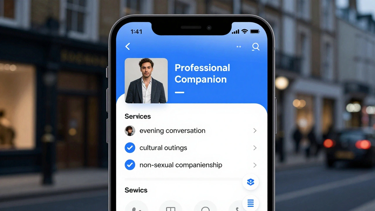 Smartphone screen showing a verified companion profile with professional photo and clear service details.