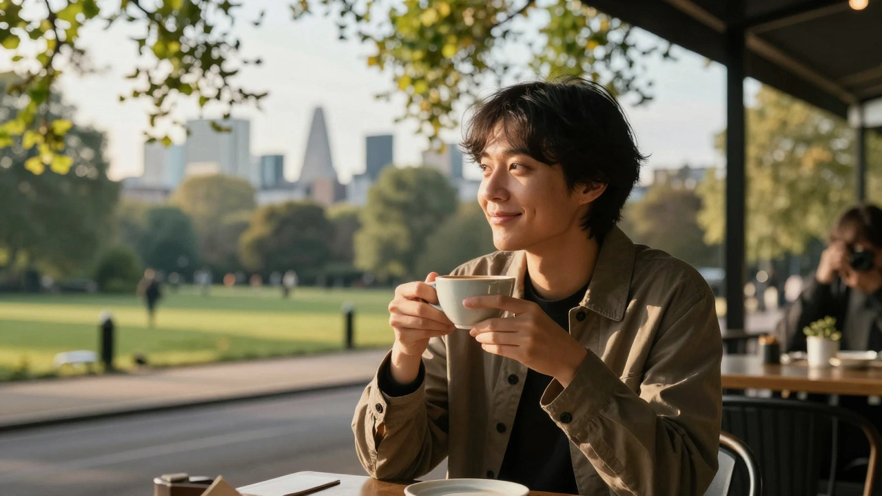 Someone enjoying coffee at a café in Primrose Hill with city views.