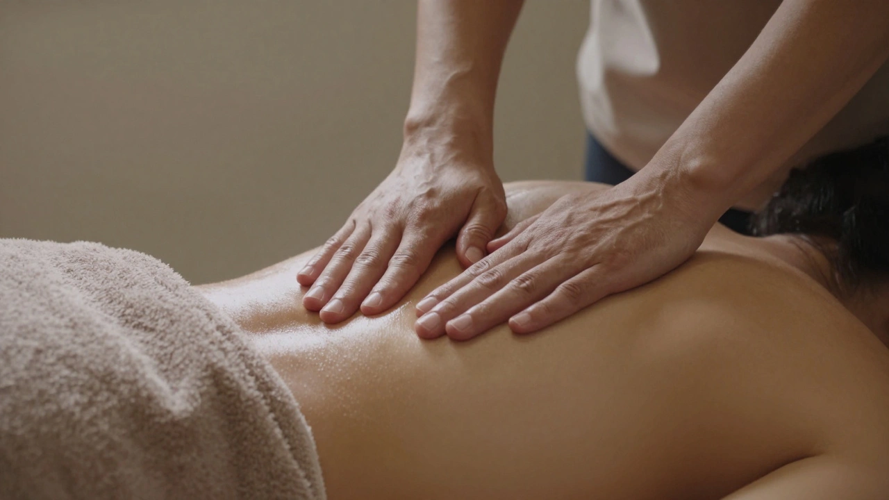 Therapist's hands applying oil in long strokes on a draped back, shoulders slightly exposed, towel covering the rest.