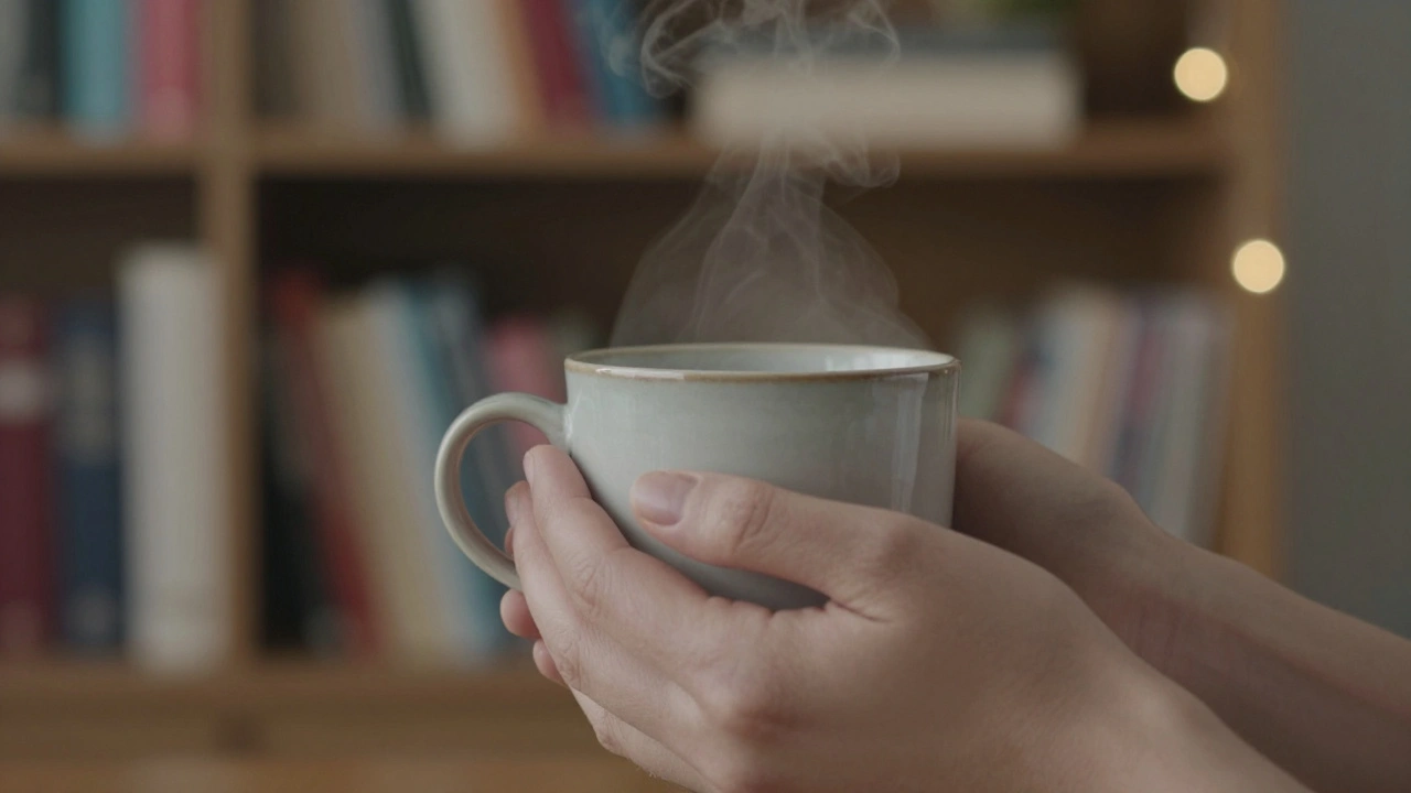 Two hands gently holding a mug, steam rising, soft background of books and fairy lights.