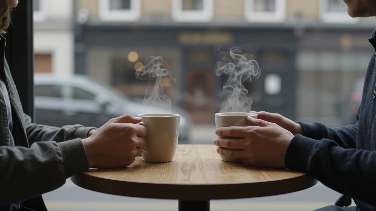 Two hands holding coffee mugs at a quiet café, suggesting quiet human connection.
