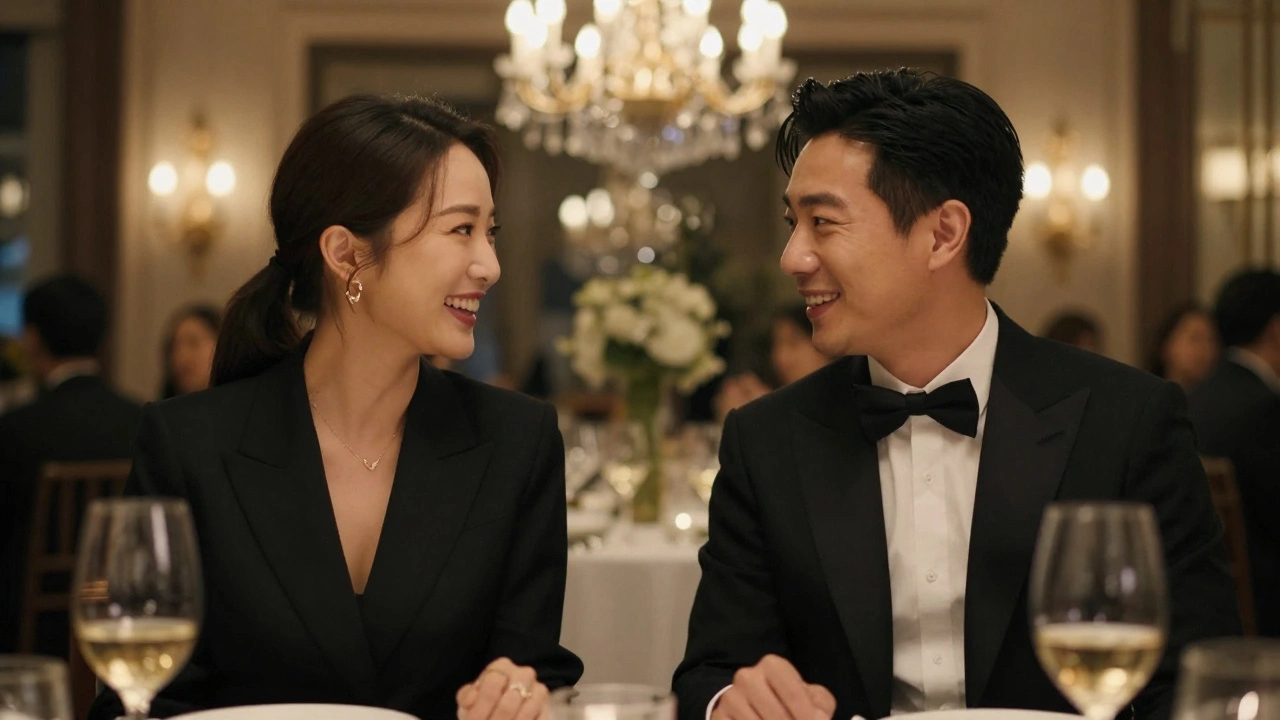 Two people conversing warmly at a formal event.