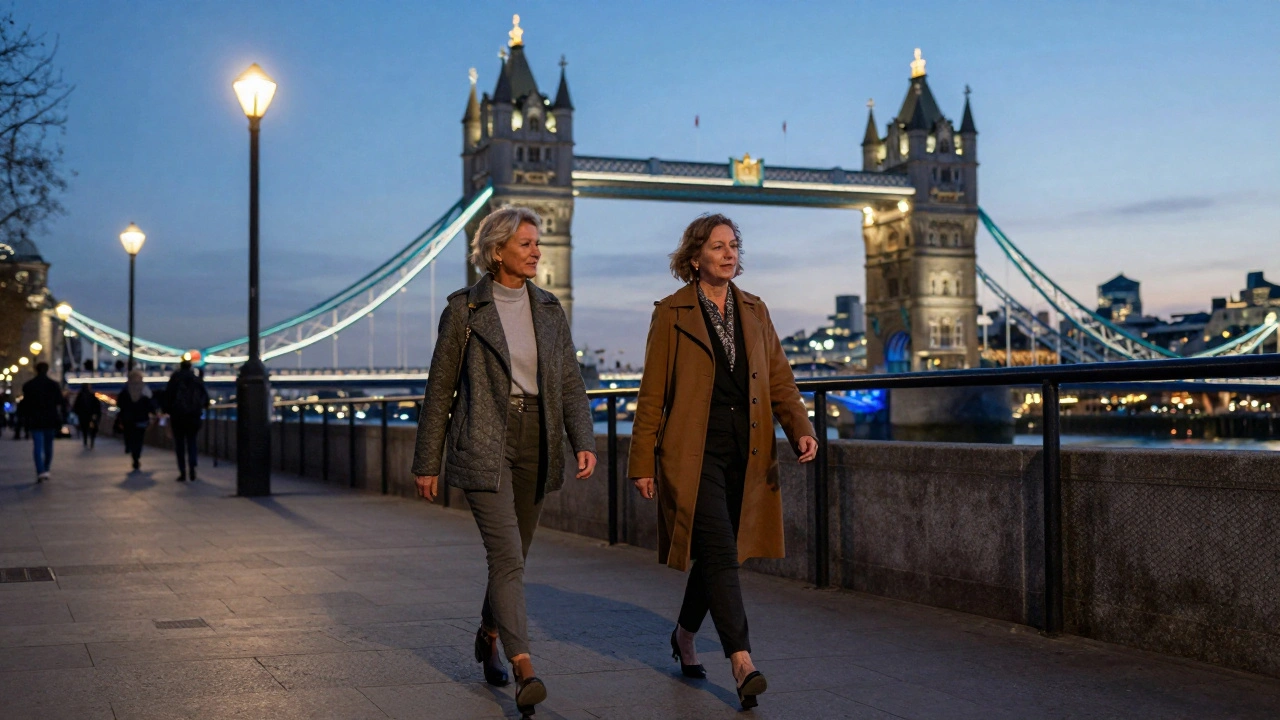 Woman walking along the Thames riverbank in London at sunset.