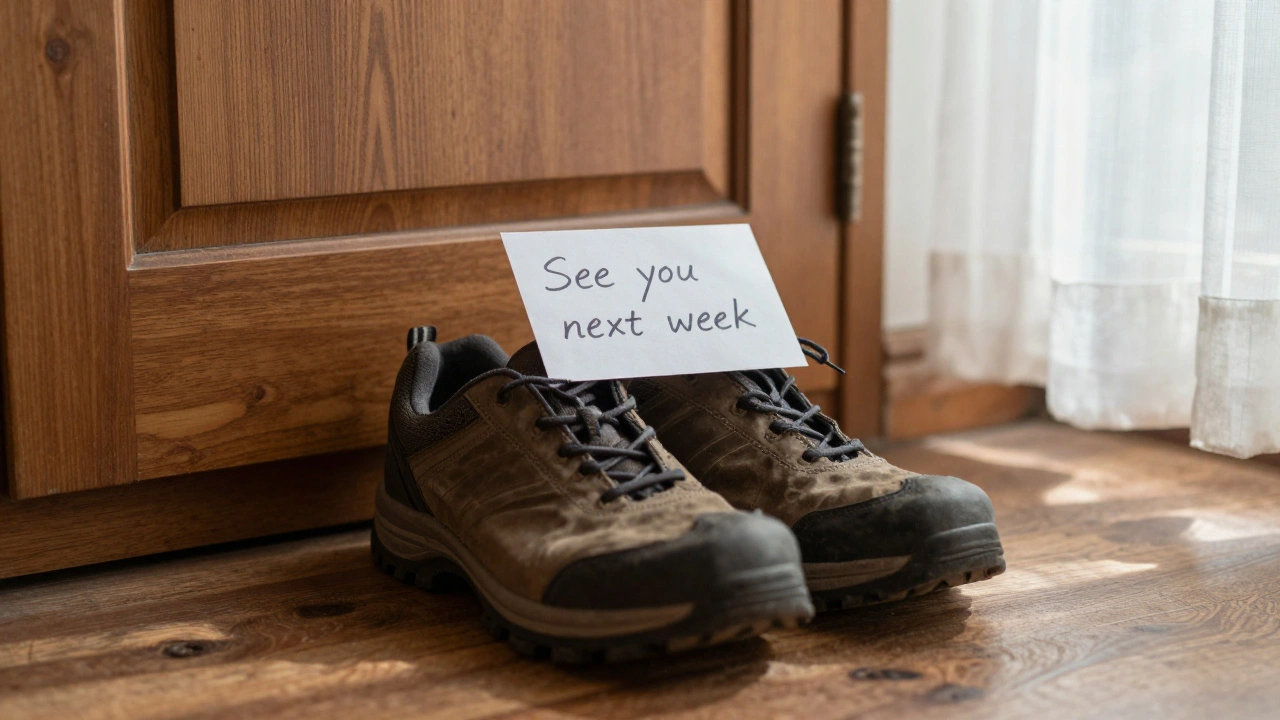 Worn walking shoes by a door with a handwritten note saying 'See you next week'.